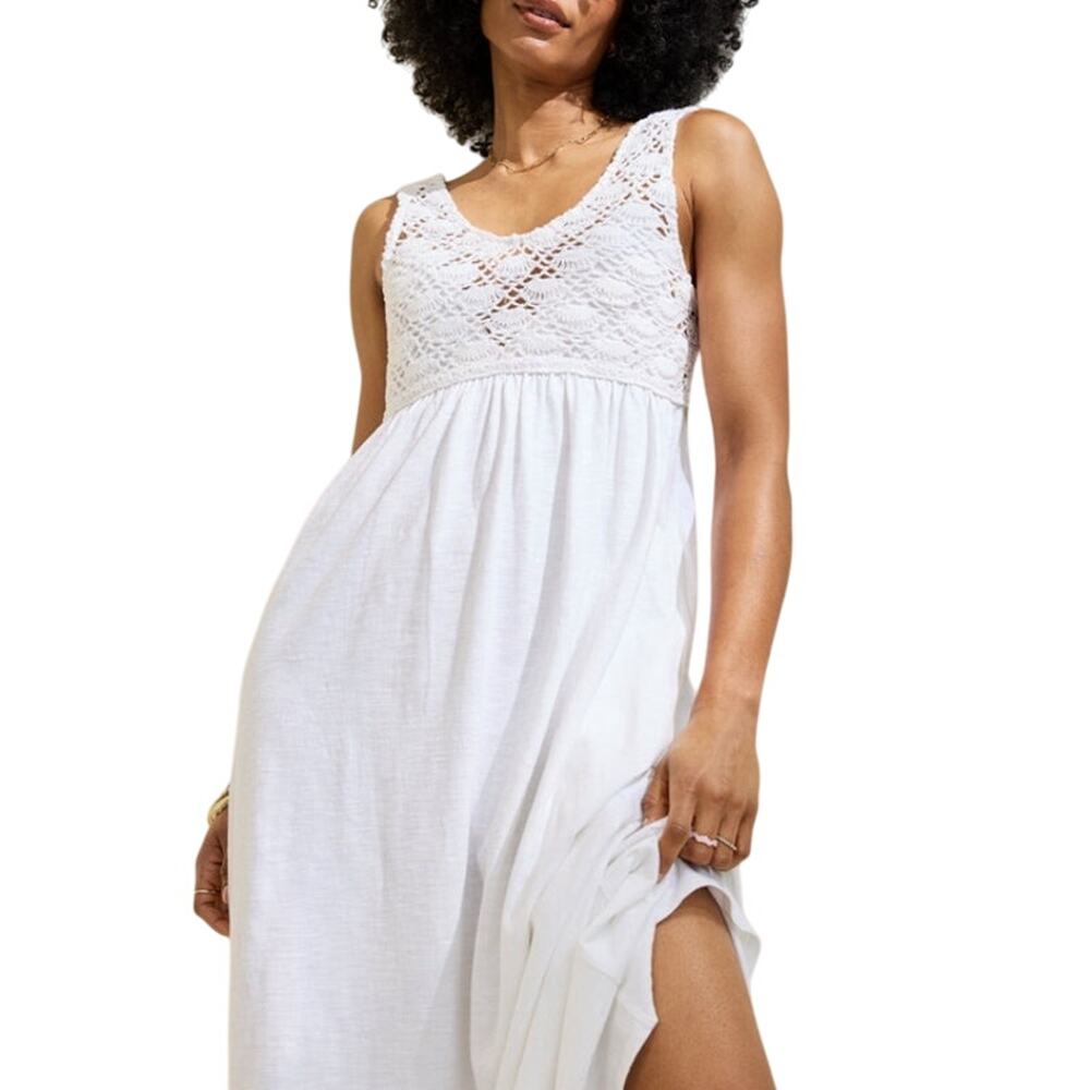 Aerie White Boho Crochet Bodice Midi Dress Sleeveless Flowy Summer Beach M NWT